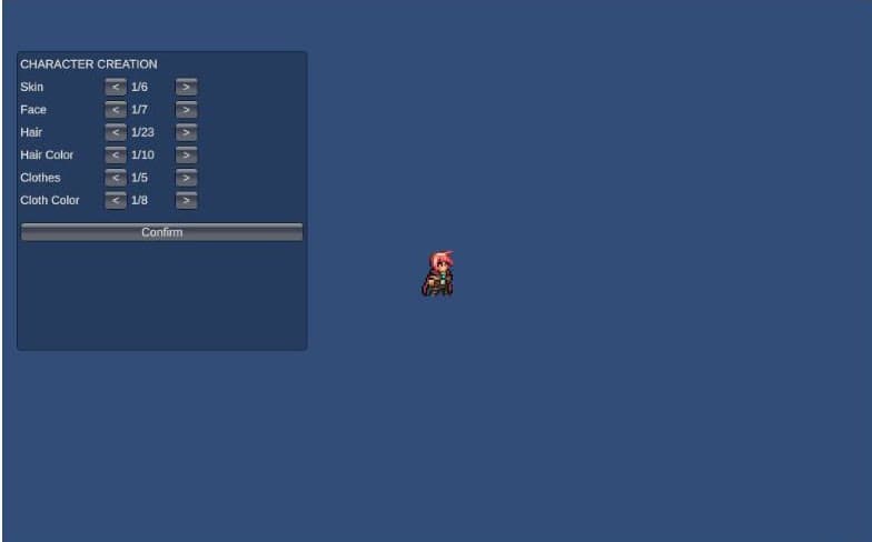 Cinderfell character creation screen with options for skin, face, hair, hair color, clothes, and cloth color