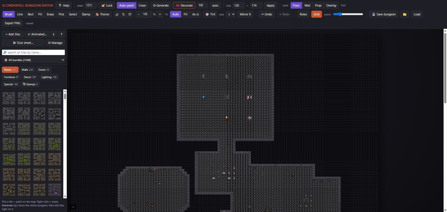 The Cinderfell dungeon editor running in a browser, showing the tile palette, category filters, and a generated dungeon on the canvas