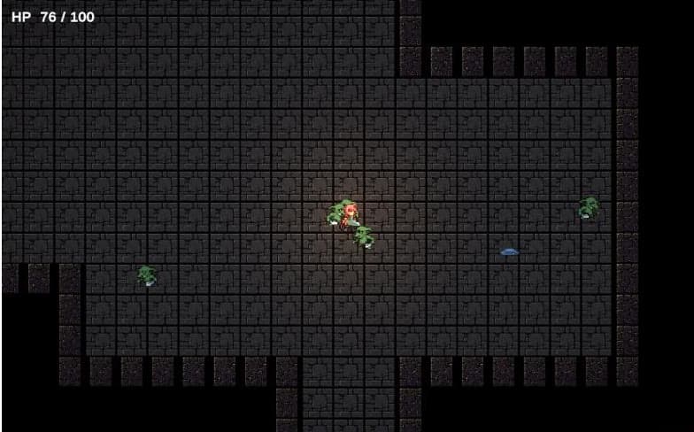 Cinderfell gameplay — the player character surrounded by slimes in a torch-lit stone dungeon, health shown as 76 of 100