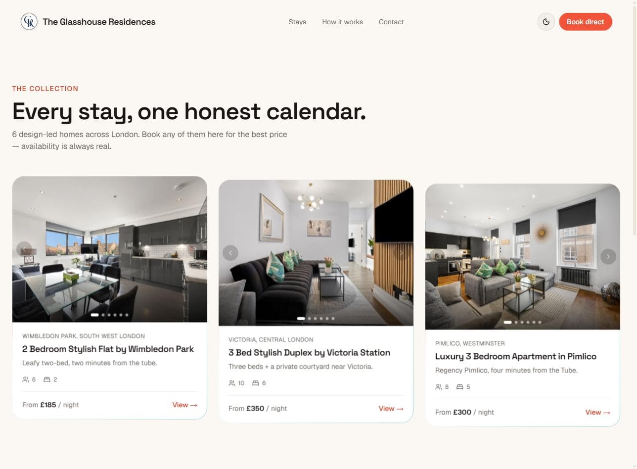 The Glasshouse Residences collection page showing three London flats with their nightly rates and guest capacity