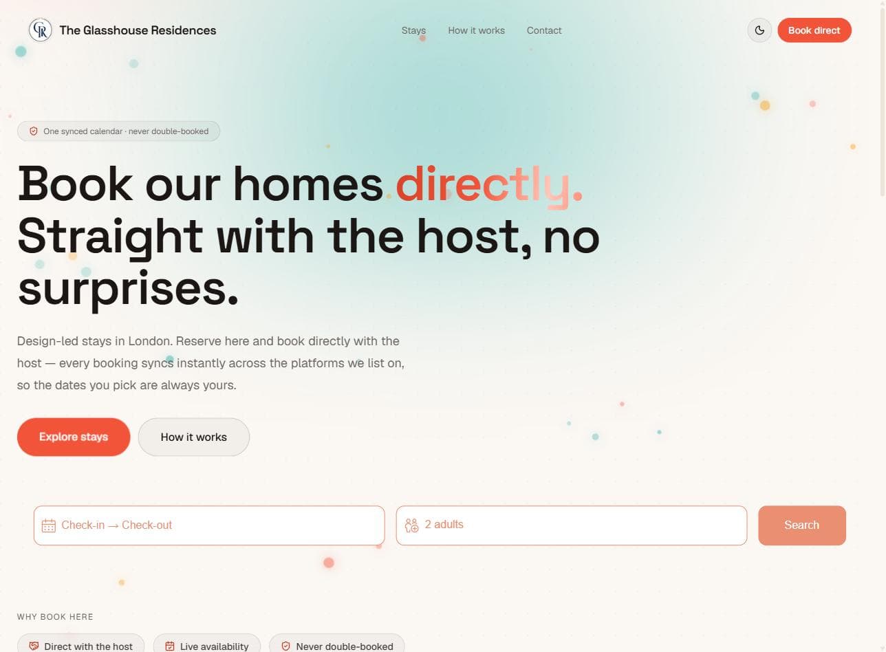 The Glasshouse Residences home page with the headline “Book our homes directly” and a date and guest search